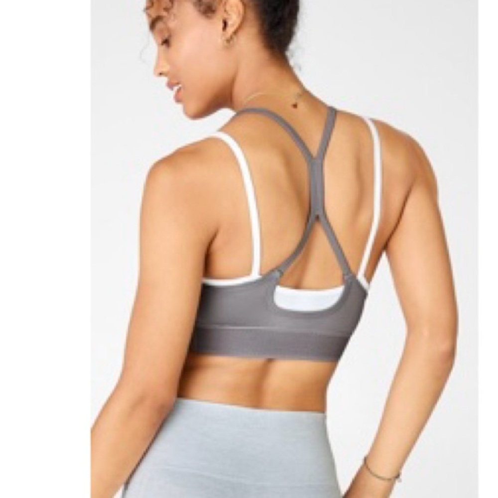 Fabletics white and grey sports bra